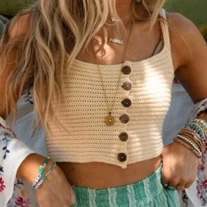 NWOT Ribbed Brami Knit Crop Sweater Sz M/L‎ Button Tank Top Oatmeal Cotton Blend